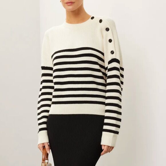 New Maje Marino Breton Stripe Button Shoulder Sweater White Black M​ $295 - Picture 1 of 9